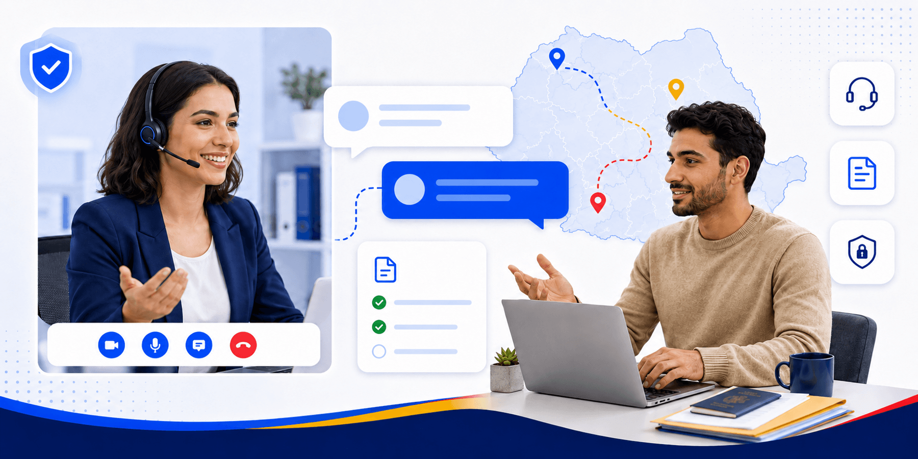 Support and contact illustration for Immigrant Hub Romania with help channels and community signals.