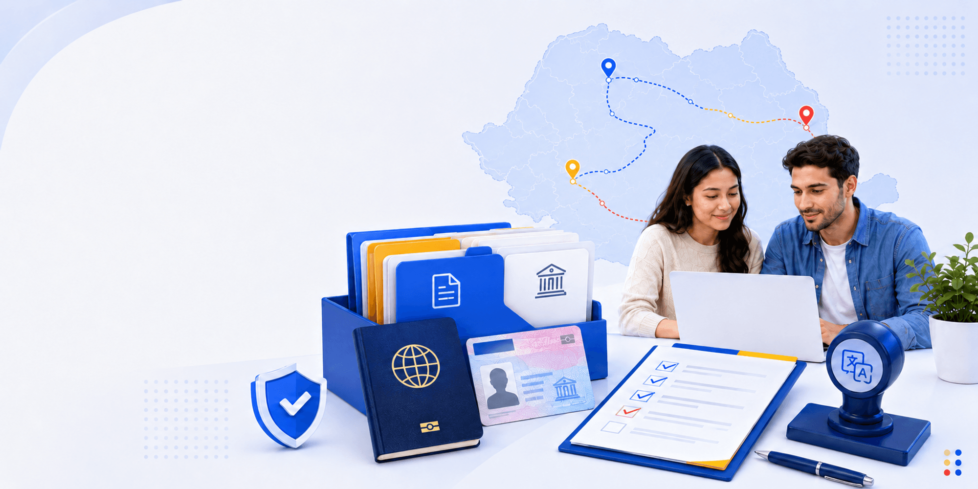 Guides and documents illustration with Romanian forms, translated resources, and checklist cards.