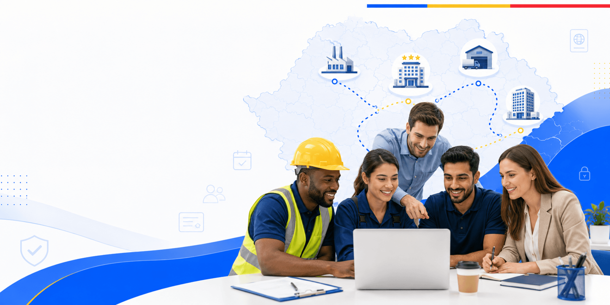 Jobs in Romania illustration with workers, hiring cards, city markers, and work permit support.